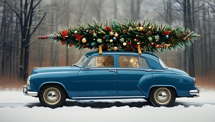 Classic blue car adorned with Christmas tree, embodying holiday cheer, festive spirit, joyful travel, and cherished traditions