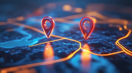 Digital hand-drawn location marked with two pins on a map. Future transport logistics, innovation delivery, map location, route path concept, and AI technology in general practitioners. GPs make a poi