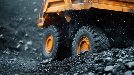 A close-up image of a heavy-duty mining truck driving over rocky terrain, emphasizing the strength and durability required in industrial mining environments.