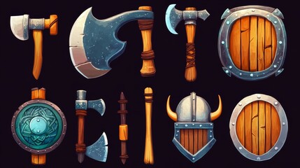 A collection of cartoon medieval weapons and shields.