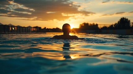 Sticker - A man floats in a swimming pool as the sun sets.