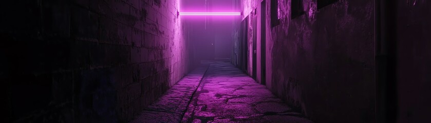 Moody dark alley lit by purple neon light, creating an atmospheric urban scene perfect for backgrounds or artistic projects.