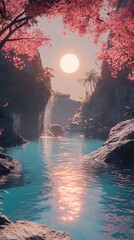 Poster - Tranquil Sunset Landscape with Waterfall and Pink Blossoms