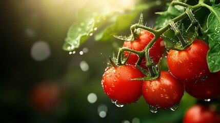 Juicy cherry tomatoes on a vine, glistening with dew, fresh from the garden, vibrant and organic