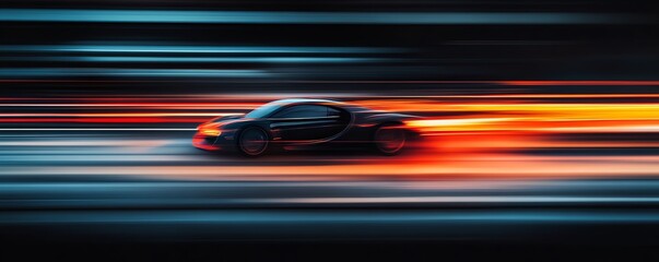 Sleek sports car in motion with dynamic light trails, showcasing speed and futuristic design in a vibrant, colorful background.