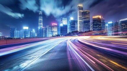 Vibrant city skyline at night with illuminated skyscrapers and light trails from fast-moving traffic on a busy urban street.