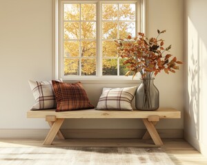 Wall Mural - A welcoming entryway showcases a light wooden bench with plaid pillows and a vase of fall leaves