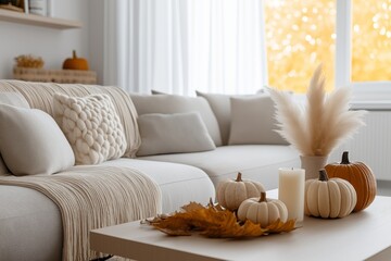 Wall Mural - A light gray sofa in the living room is decorated with pumpkins and fall leaves