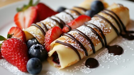 Wall Mural - Crepes filled and rolled, decorated with strawberries, blueberries, chocolate drizzle, and a sprinkle of powdered sugar.