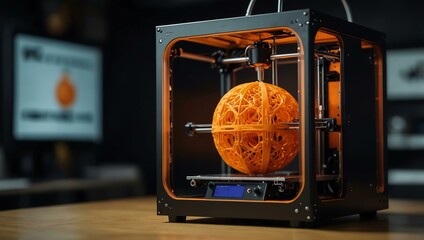 Advanced 3D printer creating an orange model, showcasing innovation.