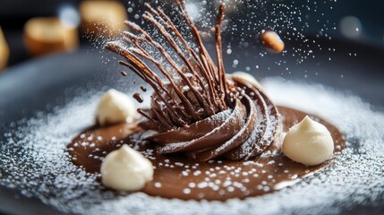 Wall Mural - Fancy dessert with rich chocolate swirls and a light dusting of powdered sugar, gourmet plating