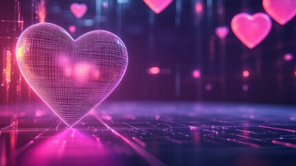 Geometric neon pink heart wireframe with abstract 3D grids and floating shapes in the background