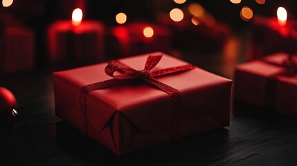 A close-up of a beautifully wrapped red gift box with a matching ribbon, set against a background of warm, glowing holiday lights, creating a cozy and festive atmosphere