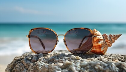 Sunglasses resting on beach rocks beside a conch shell on a sunny shore