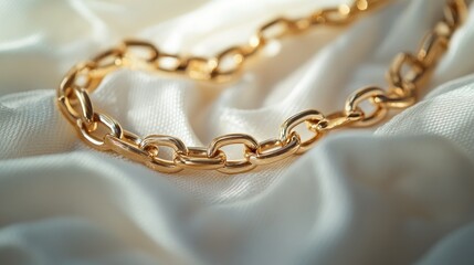 Luxurious gold chain resting on white textured fabric, the fine details shining in soft light