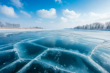 Wide-angle photo of the ice on Lake, casually cracked. Wide shot, blue sky with some clouds, lake in the background. Beautiful scenery, with a clear horizon line. 