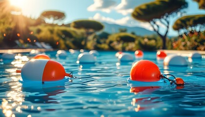 sunny summer day at a swimming pool featuring a float gently resting on the waters surface