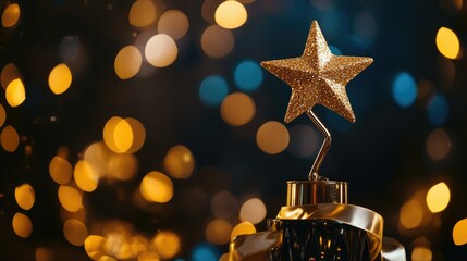 Wall Mural - Trophy with a golden star atop a podium, with ribbon accents and glittering bokeh lights in the background