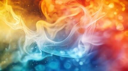Wall Mural - abstract background with flowing white smoke, yellow and blue bokeh lights on a dark background.