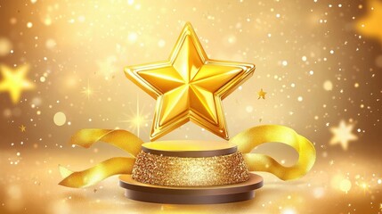 Wall Mural - Vector image of a golden star trophy on a decorated podium, with ribbons and bokeh light sparkles