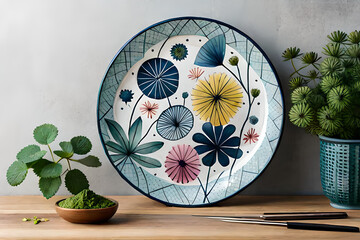 Handmade painted. Center of ceramic plate is hand painted by brown black abstract floral print. Branches stands vertically on the wooden surface on the grey color wall background. Generated AI