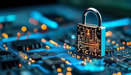 Wall Mural - Digital Shield: Glowing Microchip Lock on Circuit Board for Enhanced Cybersecurity and Data Protection