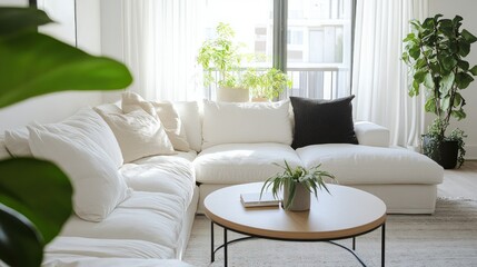 Wall Mural - White sectional sofa with stylish cushions, a round coffee table, and plants adding a touch of greenery to this modern living room.