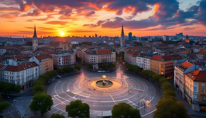 Wall Mural - Stunning Sunset Panorama of Ban Jelacic Square and Zagrebs Urban Skyline with a Vibrant Sky