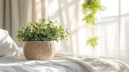 Wall Mural - A cozy interior with a woven basket planter of eucalyptus, soft bedding, and boho chic decor, highlighted by natural light and warm hygge atmosphere.