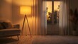 © horizon - A cozy evening interior features a modern floor lamp casting a warm glow, with soft curtains and minimalist furniture creating an inviting and moody atmosphere.