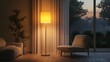 © horizon - A cozy evening interior features a modern floor lamp casting a warm glow, with soft curtains and minimalist furniture creating an inviting and moody atmosphere.