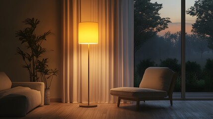 A cozy evening interior features a modern floor lamp casting a warm glow, with soft curtains and minimalist furniture creating an inviting and moody atmosphere.