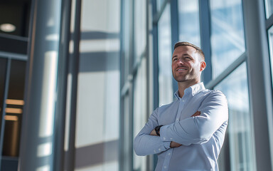 Businessman in casual attire standing with arms crossed near large windows