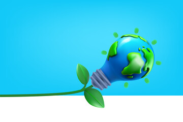 Fototapete - Ecology and eco energy concept with light bulb with leves. 3d vector banner with copy space
