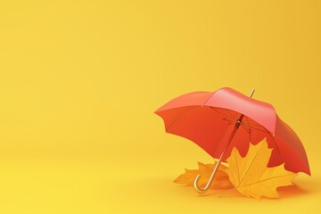 Wall Mural - An orange umbrella is on top of a pile of leaves. The umbrella is open and the leaves are scattered around it. autumn umbrella with an orange color and fall leaves on a yellow background