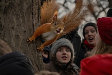 Wall Mural - Squirrel is perched on a tree branch. A group of people are watching the squirrel. A group of tourists, including adults and children, in a forest, observing with happy surprise a squirrel on a tree