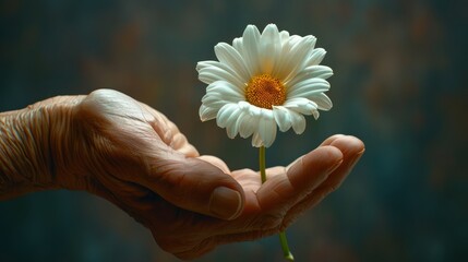 An elderly hand holds a fresh daisy, embodying the tenderness of nature and human connection, enhanced by a serene, softly blurred background