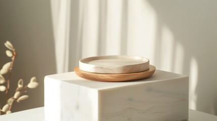 Beige wooden dish on white Food or product podium