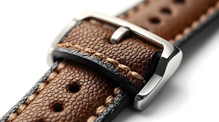 Wall Mural - A close-up of a leather watch strap against a pure white background highlights brown and black textures, with a silver buckle and contrast stitching in crisp focus.