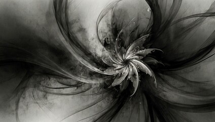 Captivating black and white abstract flower design with swirling smoke.