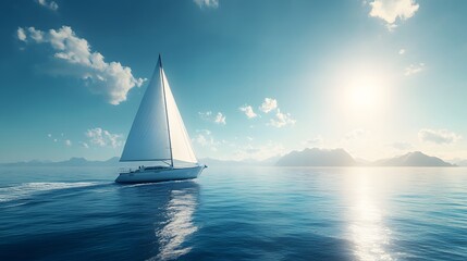 Sticker - A majestic sailboat with billowing sails glides across a calm blue sea under a clear azure sky, capturing a peaceful maritime scene with vibrant colors and lens flare.