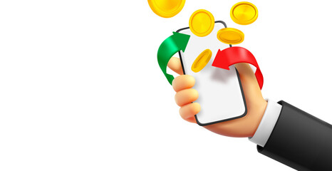 Leinwandbilder - Man holding modern smartphone with cashback service. 3d vector banner with copy space