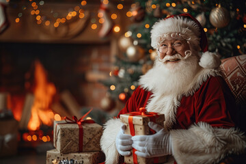 Poster - Santa claus sitting in a chair by the fireplace holding a christmas present, smiling. The christmas tree is sparkling in the background