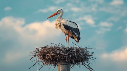 Wall Mural - A stork surveys its surroundings from an elaborate nest perched on a wooden pole, illuminated by the warm light of the setting sun