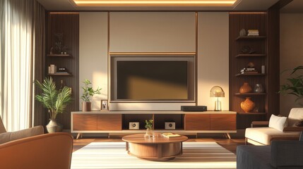 Wall Mural - A modern living room with a large tv, wooden furniture, and a comfy couch.