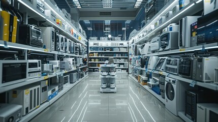 Interior of electronics store with various appliances arranged for sale