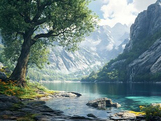 Sticker - Serene Mountain Lake Landscape with Clear Water and Lush Greenery