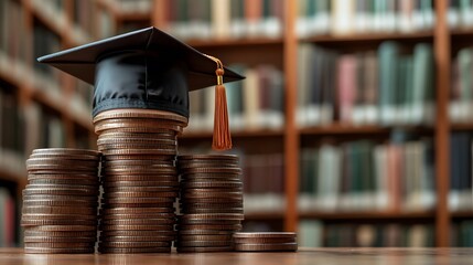 A university graduation cap rests atop a stack of coins with a blurred library background, symbolizing college education costs and academic achievement.