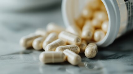 An open bottle of white capsules spilled onto a marble surface, symbolizing healthcare, medication, and the importance of proper medication storage and management.