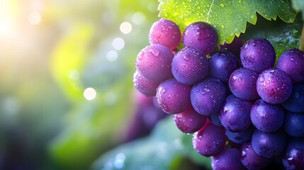 Wall Mural - Purple grape clusters glisten with dew, hanging from green vine leaves in bright natural light, capturing the essence of wine vineyard harvest season.